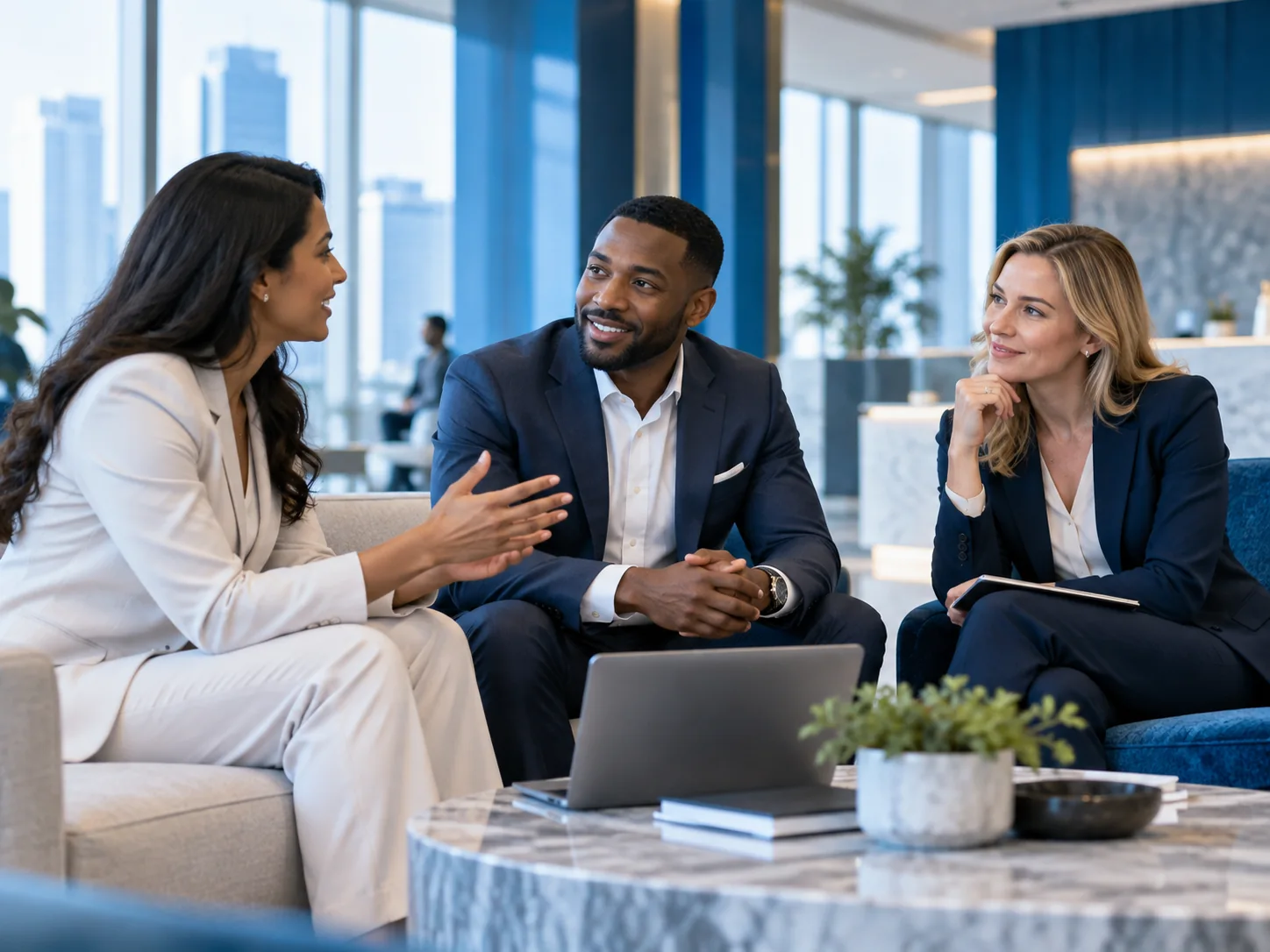 Consultants discussing client goals in a professional setting